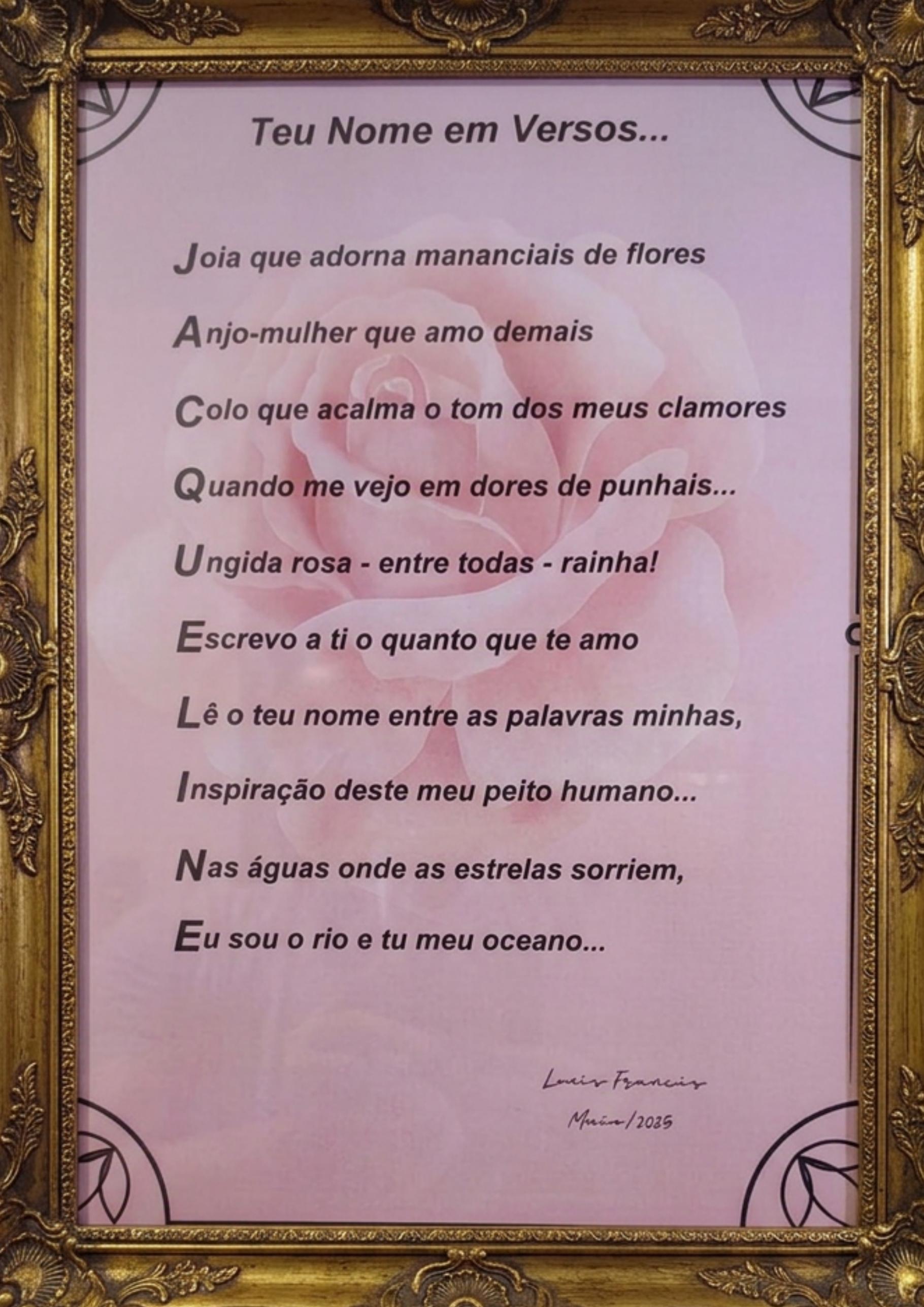 Quadro do Acróstico Musical Jacqueline com moldura dourada e o poema “Teu Nome em Versos…!”