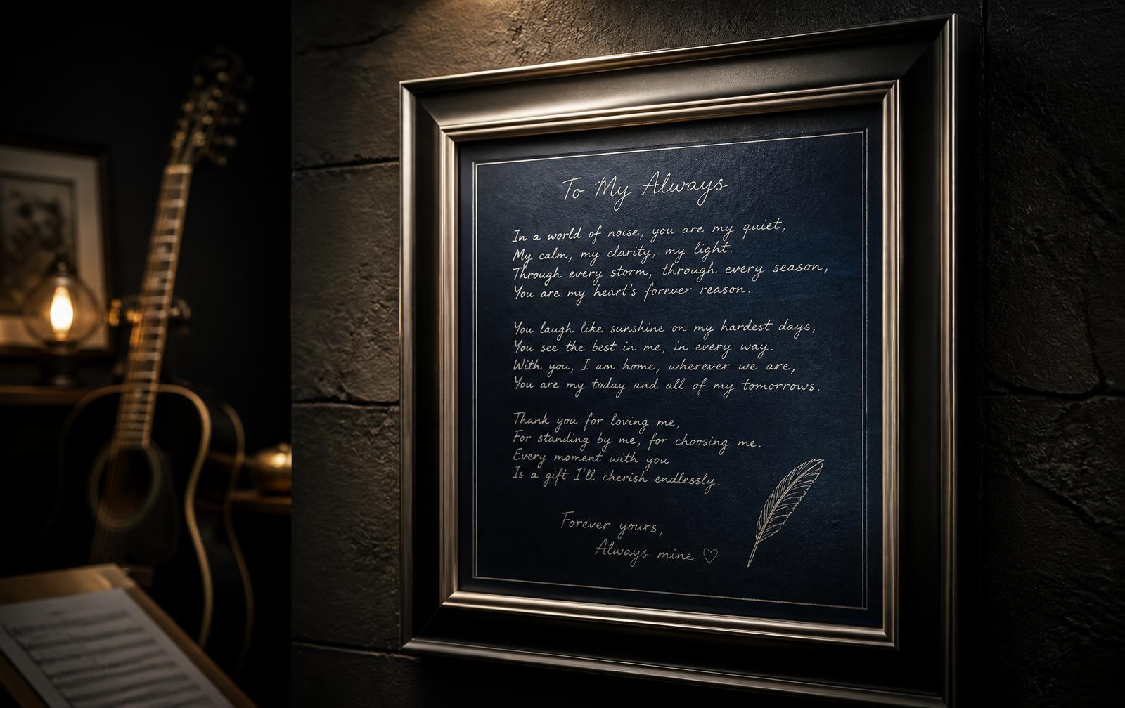Poema em acróstico impresso e emoldurado como quadro de parede
